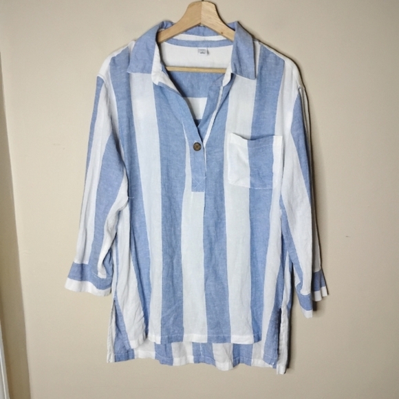 Linen-Blend Striped Popover Tunic | Blue/White | Collared | NWT M - Picture 2 of 9